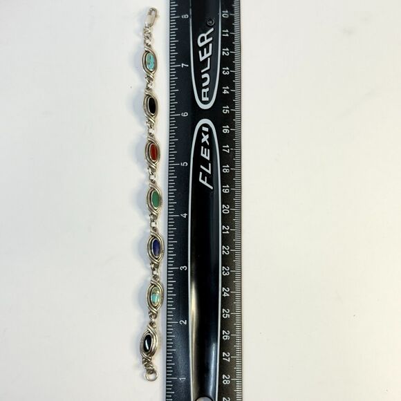 Vintage Boho SW 925 Silver Multi Stone Cabochon Link Bracelet 7" Turquoise Onyx - Picture 7 of 11